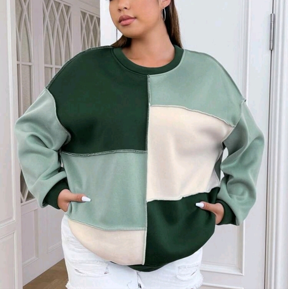 SHEIN EZwear Plus Colorblock Top-stitching Drop Shoulder Sweatshirt - Picture 1 of 2